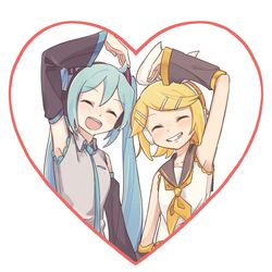 2girls arm_up blonde_hair blue_hair blush closed_eyes collared_shirt detached_sleeves flipped_hair grin hair_ornament hairclip hatsune_miku headphones heart heart_arms_duo highres kagamine_rin long_hair long_sleeves m0ti multiple_girls neckerchief necktie open_mouth sailor_collar shirt short_hair sleeveless sleeveless_shirt smile twintails upper_body vocaloid yuri