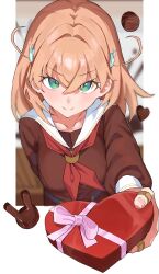  >:) 1girl absurdres animal-themed_food arm_behind_back bandaid bandaid_on_finger bandaid_on_hand border box breasts brown_dress candy chocolate closed_mouth collarbone commentary dress food foreshortening gift hair_ornament hasu_no_sora_school_uniform heart heart-shaped_box heart-shaped_chocolate heart-shaped_food highres hinoshita_kaho holding holding_gift incoming_gift link!_like!_love_live! long_sleeves looking_at_viewer love_live! medium_breasts neckerchief orange_hair outside_border rabbit_hair_ornament red_neckerchief sailor_collar sailor_dress school_uniform smile solo split_mouth sunkeun two_side_up upper_body v-shaped_eyebrows valentine virtual_youtuber white_border white_sailor_collar winter_uniform 