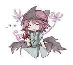  ... 1other androgynous closed_eyes closed_mouth dress flower grey_dress holding holding_flower len&#039;en needless_(toyaco) other_focus pink_hair red_flower shion_(len&#039;en) short_hair short_sleeves simple_background single_blush_sticker smile solo spider_lily triangular_headpiece white_background 