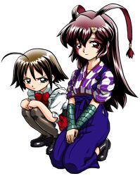  2girls ahoge antenna_hair bandabekken bashamichi black_boots black_shoes blue_hakama boots bow bowtie bronze_parrot brown_hair chaosic_rune closed_mouth cummerbund frilled_shirt frills frown green_eyes hair_ornament hakama hakama_pants hands_on_lap hands_on_own_knees japanese_clothes kimono kneeling kumari_(chaosic_rune) loafers long_hair miniskirt multiple_girls natsume_kuran own_hands_together pants pantyhose purple_kimono red_bow red_bowtie red_eyes red_hair red_skirt shirt shoes short_hair simple_background skirt smile squatting triangle_hair_ornament v_arms waitress white_background white_shirt yagasuri 