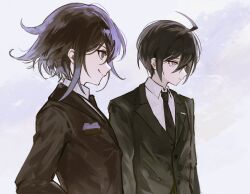 2boys black_hair black_jacket breast_pocket closed_mouth collared_shirt danganronpa_(series) danganronpa_v3:_killing_harmony formal_clothes grey_eyes highres jacket jitome kuryugi lapels male_focus multiple_boys notched_lapels oma_kokichi parted_hair pocket saihara_shuichi shirt simple_background smile suit_jacket white_background white_shirt wing_collar 