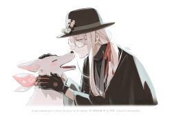  1boy animal bandana bandana_around_neck black_gloves black_haori black_hat clothed_animal dog fate/grand_order fate_(series) fedora glasses gloves grey_kimono hair_between_eyes hair_over_shoulder hair_ribbon hanasaka_no_okina_(fate) haori hat japanese_clothes kimono long_hair_between_eyes long_sidelocks low_ponytail mole mole_under_eye multiple_moles official_artist_extra pink_bandana ponytail red_ribbon ribbon shirt_under_kimono sidelocks signature simple_background single_sidelock smile taa_(acid) white_background white_dog 