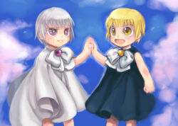  2boys black_cloak blonde_hair bow bowtie breasts brothers cloak clouds commentary_request day facial_mark gash_bell hand_on_another's_hand hinata_shogo konjiki_no_gash!! multiple_boys open_mouth short_hair siblings sky smile star-shaped_pupils star_(symbol) symbol-shaped_pupils twins white_bow white_cloak white_hair yellow_eyes zeon_bell 