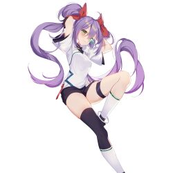  1girl absurdres ahoge anklet arms_behind_head arms_up asymmetrical_legwear black_gloves black_shorts black_thighhighs blush bow breasts closed_mouth gloves green_eyes hair_between_eyes hair_bow hair_ribbon highres jewelry kneehighs long_hair looking_at_viewer medium_breasts original purple_hair red_bow red_ribbon ribbon scouter second-party_source shirt shoes short_shorts short_sleeves shorts simple_background single_kneehigh single_sock single_thighhigh small_breasts smile socks solo sylvia_(huajiuhuajiu) thigh-highs thigh_strap thighs tinted_eyewear twintails uneven_legwear very_long_hair white_background white_shirt white_socks wulala_(vtuber) 