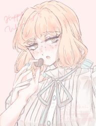  1girl bow candy chocolate food freckles hand_on_another's_hand happy_valentine heart heart-shaped_chocolate heart-shaped_food highres ishmael_(project_moon) limbus_company looking_at_viewer medium_hair nail_polish orange_eyes orange_hair portrait pov project_moon riri_(kira0311) simple_background solo_focus twitter_username valentine white_background 