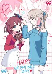  2girls absurdres alternate_hairstyle blue_choker blue_ribbon blue_sweater box choker commentary earclip gift girls_band_cry grey_eyes grey_hair habsida_(habsida_hpy) hair_ribbon happy_valentine heart heart-shaped_box highres iseri_nina kawaragi_momoka korean_commentary medium_hair multicolored_hair multiple_girls one_eye_closed one_side_up pants red_shirt ribbon ribbon_choker roots_(hair) shirt short_hair sidelocks skirt sweater white_pants white_skirt 