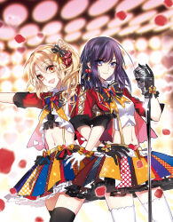  2girls :d black_bow black_bowtie black_gloves black_thighhighs blonde_hair blurry blurry_background bow bowtie chinese_commentary closed_mouth commentary_request cropped_shirt falling_petals flower gloves gu_xinghai hair_bow hair_flower hair_ornament holding holding_microphone_stand idol idol_clothes jacket jin_yuxian layered_skirt locked_arms medium_hair microphone microphone_stand midriff miniskirt multicolored_skirt multiple_girls navel open_mouth orange_eyes petals ponytail purple_hair red_flower red_jacket red_rose rose shirt skirt smile stage_lights suspender_skirt suspenders thigh-highs vintage_microphone violet_eyes white_gloves white_shirt white_thighhighs xingmeng_ouxiang_jihua yantou_hstone 