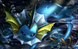  8686island animal_focus blue_eyes blue_fur bubble cetacean_tail closed_mouth commentary_request fins fish_tail forked_tail head_fins no_humans pokemon pokemon_(creature) pokemon_focus solo swimming tail underwater vaporeon 