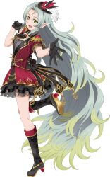  1girl artist_request black_boots black_dress black_gloves blonde_hair blue_hair boots breasts dress from_side full_body game_cg gloves green_eyes green_hair hat highres idol idol_clothes long_hair looking_at_viewer mini_hat multicolored_dress multicolored_hair muzet_(tales) official_alternate_costume official_art open_mouth pointy_ears red_dress red_hat smile solo standing standing_on_one_leg tales_of_(series) tales_of_asteria tales_of_xillia third-party_source transparent_background two-tone_hair yellow_eyes 