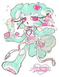  1girl :o amatou_akuma animal_ears animal_feet animal_hands apron aqua_fur aqua_hair artist_name belt body_fur buckle cherry colored_eyelashes dog_ears dog_tail eyelashes flat_chest food frills fruit full_body furry furry_female hair_ornament heart heart-shaped_buckle heart_hair_ornament highres holding holding_tray ice_cream ice_cream_float long_eyelashes looking_at_viewer open_mouth original pawpads pink_belt pink_eyes short_hair simple_background solo sundae tachi-e tail tray waitress walking white_apron white_background 