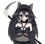  1girl @_@ animal_ear_fluff animal_ears black_collar collar fang grey_hair highres holding holding_knife holding_weapon knife long_hair long_sleeves looking_at_viewer open_mouth original scythe simple_background solo tail twistedlupo weapon wolf_ears wolf_girl wolf_tail 