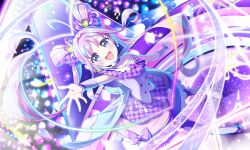  1girl absurdres ahoge back_bow beamed_eighth_notes beamed_sixteenth_notes blue_bow blue_eyes blue_hair bow brooch choker commentary cure_kyunkyun double_bun dress dutch_angle earrings full_body gloves hair_bun hair_ornament hand_up headset heart heart_brooch highres huge_bow idol_heart_incom jewelry kimi_to_idol_precure light_particles long_hair looking_at_viewer medium_dress multicolored_hair musical_note open_mouth precure purple_bow purple_choker purple_dress purple_hair purple_theme purple_thighhighs reaching reaching_towards_viewer rice_rabbit22 shigure_kokoro sleeveless sleeveless_dress smile solo stage_lights standing thigh-highs twintails two-tone_hair white_gloves 