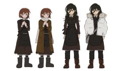  2girls angry apron arms_at_sides asya_shubina bag black_apron black_hair black_pants brown_coat brown_dress clenched_hands coat collared_dress down_jacket dress full_body fur-trimmed_jacket fur_trim game_cg grey_bag hands_up ira_grachevskaya jacket long_hair long_sleeves looking_at_viewer medium_dress multiple_girls multiple_views non-web_source nopanamaman official_art open_clothes open_coat open_jacket pants pants_under_dress pokemon pokemon_hgss scarf school_uniform self-datamine shoulder_bag soviet_school_uniform standing white_background white_jacket white_scarf z.a.t.o._//_i_love_the_world_and_everything_in_it 