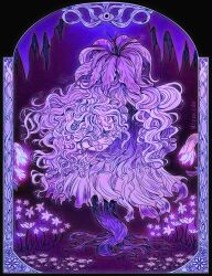  1girl border closed_eyes colored_eyelashes elden_ring elden_ring:_shadow_of_the_erdtree face_in_hair flower highres lily_(flower) long_hair miracide ornate_border purple_liquid purple_theme signature sleeping solo st._trina_(elden_ring) stalactite 