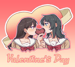  2girls bang_dream! bang_dream!_it's_mygo!!!!! black_hair blue_eyes blush bow bowtie candy chocolate collarbone commentary criangle_k. eye_contact food gradient_background hanasakigawa_school_uniform happy_valentine heart heart-shaped_chocolate heart-shaped_food holding_another's_wrist long_hair looking_at_another medium_hair multiple_girls outline red_bow red_bowtie sailor_collar school_uniform shared_food shiina_taki untranslatable_commentary violet_eyes white_outline white_sailor_collar yahata_umiri yuri 
