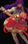  2girls akemi_homura black_background bow bowtie dancing dress dress_bow dummy faceless gloves hair_ribbon hand_on_another&#039;s_shoulder highres holding_hands kaname_madoka long_hair mahou_shoujo_madoka_magica multiple_girls open_mouth pink_dress pink_eyes pink_hair purple_bow purple_bowtie purple_hair red_ribbon ribbon short_twintails simple_background thigh-highs twintails white_gloves white_thighhighs wintrchu 