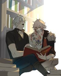  2boys absurdres antenna_hair arm_tattoo armlet armor black_choker black_coat black_pants black_shirt blonde_hair book book_stack braid chest_tattoo choker clawed_gauntlets closed_eyes coat earrings facial_tattoo gold_earrings gold_necklace gradient_hair hashtag-only_commentary highres holding holding_book honkai:_star_rail honkai_(series) indian_style jewelry male_focus medium_hair mmnchuu multicolored_hair multiple_boys mydei_(honkai:_star_rail) neck_tattoo necklace open_clothes open_coat pants parted_bangs pauldrons phainon_(honkai:_star_rail) red_hair red_tattoo shirt short_hair short_sleeves shoulder_armor side_braid single_pauldron sitting sun_symbol sun_tattoo tattoo twitter_username white_hair yellow_eyes 