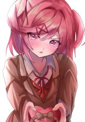 1girl bangs blush box_of_chocolates doki_doki_literature_club fang female gift hair_ornament hair_ribbon hair_ribbons hairclip happy_valentine heart-shaped_box heart-shaped_chocolate holding holding_gift light_blush light_skin matching_hair/eyes natsuki_(doki_doki_literature_club) nerunemuteto open_mouth pink_eyes pink_hair school_uniform short_hair solo solo_focus swept_bangs tied_hair tsundere twintails uniform upper_body valentine 