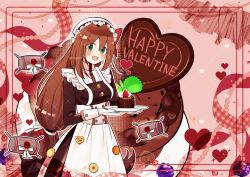  1girl black_dress breasts brown_hair cake chocolate_cake commentary_request dress food green_eyes happy_valentine highres iris_(mega_man) maid maid_headdress mega_man_(series) mega_man_x_(series) mega_man_x_dive rikka_(user_hruv2435) solo valentine 
