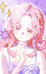  1girl blush brown_eyes collarbone dress gem hand_on_own_chin head_tilt highres jewelry k-pop long_hair looking_at_viewer necklace pink_hair purple_dress real_life sana_(twice) smile solo sparkle teriri twice_(group) 