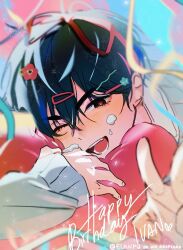  1boy alien_stage birthday black_eyes black_hair commentary english_commentary english_text flanpu hair_ornament hair_ribbon hairclip happy_birthday ivan_(alien_stage) male_focus official_alternate_costume one_eye_closed red_pupils ribbon short_hair smile solo v 