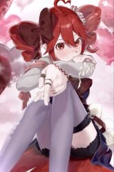  1girl ahoge black_skirt bow commentary convenient_leg drill_hair english_commentary expressionless grey_thighhighs hair_bow happy_valentine heart heart_ahoge highres kaki_tomogui kasane_teto red_bow red_eyes red_hair sitting skirt sleeves_past_wrists solo thigh-highs twin_drills utau 