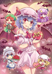  5girls apron bat_(animal) bat_wings beret blonde_hair blue_eyes blue_hair blunt_bangs bow box braid candy chibi chocolate chocolate_bar closed_eyes colonel_aki commentary_request crescent crescent_hat_ornament crescent_moon detached_collar detached_sleeves finger_to_mouth flandre_scarlet food grey_hair hair_between_eyes hair_bow hair_intakes hat hat_ornament heart heart-shaped_box highres hong_meiling izayoi_sakuya long_sleeves looking_at_viewer maid maid_apron maid_headdress mob_cap moon multiple_girls necktie open_mouth orange_eyes patchouli_knowledge purple_hair red_eyes red_hair remilia_scarlet short_sleeves side_ponytail smile star_(symbol) tongue tongue_out touhou violet_eyes wings 