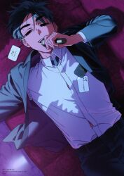  1boy absurdres alien_stage birthday black_eyes black_hair black_jacket card collared_shirt commentary dated english_commentary english_text highres holding holding_microphone ivan_(alien_stage) jacket lying male_focus microphone music official_art on_back open_mouth shirt short_hair singing solo suit_jacket very_short_hair white_shirt 