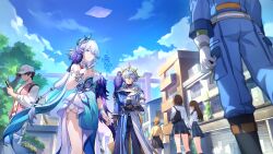  1other 2boys 4girls absurdres animal_on_shoulder apartment arm_belt bad_link bag bare_shoulders baseball_cap bird black_boots black_gloves black_pants black_socks blue_dress blue_eyes blue_hair blue_pants blue_shirt book boots bracelet breasts brown_hair chinese_clothes clouds cloudy_sky crow day dress earrings game_cg gloves gradient_hair grey_hair grey_pants hair_between_eyes hair_intakes hair_ornament halo hat highres holding holding_book honkai:_star_rail honkai_(series) jacket jewelry large_breasts long_hair looking_at_another multicolored_hair multiple_boys multiple_girls official_art outdoors pants peacock_feathers peacock_feathers_hair_ornament pink_vest plaid_clothes plaid_skirt pleated_skirt police ring school_bag school_uniform shirt short_hair shoulder_bag single_earring skirt sky sleeveless sleeveless_dress socks spiked_halo sunday_(honkai:_star_rail) two-tone_dress two-tone_hair very_long_hair vest white_dress white_gloves white_hair white_hat white_jacket white_shirt yao_guang_(honkai:_star_rail) yellow_eyes yellow_halo yellow_shirt 
