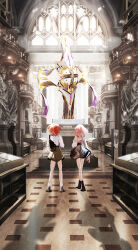  antinese bag black_skirt brown_skirt commentary_request fate/grand_order fate_(series) from_behind fujimaru_ritsuka_(female) full_body highres loose_socks lord_camelot_(fate) mash_kyrielight miniskirt museum orange_hair overlighting pink_hair shadow shoulder_bag single_off_shoulder skirt socks standing tile_floor tiles wide_shot 