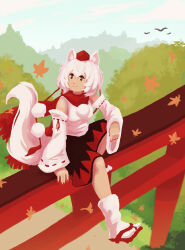  1girl absurdres animal_ear_fluff animal_ears autumn_leaves bird black_skirt closed_mouth commentary day detached_sleeves english_commentary falling_leaves grey_hair hat highres inubashiri_momiji leaf medium_hair pom_pom_(clothes) pujol_art red_eyes red_hat red_nails red_sandals red_scarf red_skirt ribbon-trimmed_sleeves ribbon_trim sandals scarf sitting sitting_on_torii skirt smile socks solo tail tokin_hat torii touhou two-tone_skirt white_socks wolf_ears wolf_girl wolf_tail 