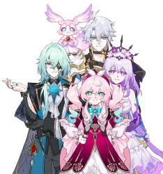  2boys 3girls anaxa_(honkai:_star_rail) animal_ears antenna_hair aqua_eyes arm_support armor ascot bare_shoulders black_choker black_gloves black_jacket black_pants black_tiara blue_bow blue_bowtie blue_eyes blue_gem blue_hair blue_jacket bow bowtie breasts bright_pupils cape castorice_(honkai:_star_rail) chain character_charm charm_(object) choker circlet closed_mouth colored_inner_hair commentary_request cowboy_shot creature crossed_bangs crystal_earrings dress drill_hair earrings elbow_gloves eyepatch flower flying gem gloves gold_chain gold_ring gold_trim gradient_hair greco-roman_clothes green_hair grey_hair hair_between_eyes hair_bow hair_flower hair_ornament hair_tubes hand_up hands_on_own_hips hat hat_ornament heart-shaped_gem honkai:_star_rail honkai_(series) hyacine_(honkai:_star_rail) jacket jewelry lapels little_ica_(honkai:_star_rail) long_hair long_sleeves looking_at_viewer low_ponytail low_twintails medium_breasts mem_(honkai:_star_rail) multicolored_eyes multicolored_hair multiple_boys multiple_girls multiple_rings neck_tattoo pants pantyhose partially_fingerless_gloves pendant phainon_(honkai:_star_rail) pink_cape pink_dress pink_eyes pink_flower pink_fur pink_hair pink_hat pointy_ears ponytail puffy_long_sleeves puffy_sleeves purple_bow purple_choker purple_flower purple_gloves purple_hair red_gem ring shirt short_hair shoulder_armor sidelocks simple_background single_earring single_glove single_hair_tube sleeveless sleeveless_dress smile sparkling_eyes spread_legs standing star-shaped_pupils star_(symbol) sun_symbol sun_tattoo symbol-shaped_pupils tail tattoo thigh_strap tiara twintails two-sided_fabric two-sided_jacket two-tone_dress two-tone_fur two-tone_hair v-shaped_eyebrows very_long_hair violet_eyes white_ascot white_background white_dress white_fur white_jacket white_pantyhose white_pupils white_shirt x_hair_ornament yellow_pupils yurika48597221 