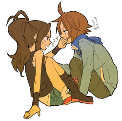  1boy 1girl ahoge anger_vein antenna_hair black_boots blue_jacket boots brown_hair commentary_request covering_another's_mouth denim denim_shorts full_body hilbert_(pokemon) hilda_(pokemon) jacket looking_at_another mogawa pokemon pokemon_bw ponytail red_shoes shoes shorts simple_background sitting sparkle white_background 