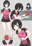  2girls ball black_hair brown_eyes faceless faceless_female fuku_(fuku12290574) hair_ornament hairclip highres multiple_girls original paddle short_hair short_shorts shorts simple_background table_tennis table_tennis_ball table_tennis_paddle twintails wristband 