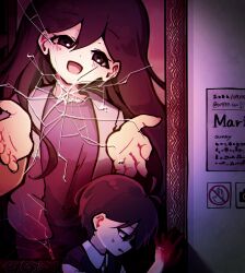  007f89_siyo 1boy antenna_hair artist_name black_eyes black_hair black_sweater_vest blood blood_on_hands collared_shirt commentary crack cracked_glass english_commentary highres mari_(faraway)_(omori) mari_(omori) omori parted_lips shirt solo spoilers sunny_(omori) sweatdrop sweater_vest twitter_username white_shirt 