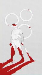  1boy add-on_(off) baseball_bat baseball_cap baseball_uniform belt belt_buckle beretcatcomics black_belt black_sleeves black_socks blood blood_on_clothes blood_on_hands blood_on_shoes blood_on_weapon buckle colored_shadow colored_skin commentary faceless faceless_male facing_ahead french_commentary full_body grey_background hat highres holding holding_baseball_bat jewelry long_sleeves male_focus no_eyes no_mouth no_nose off_(game) ouroboros pants pants_tucked_in ring shaded_face shadow shirt shirt_tucked_in shirt_under_shirt short_sleeves simple_background socks sportswear spot_color standing striped_clothes striped_shirt the_batter_(off) vertical-striped_clothes vertical-striped_shirt weapon white_hat white_pants white_shirt white_skin 