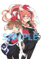  2girls animal_ears artist_request aviation_magic_band black_dress black_pantyhose black_shirt blue_eyes brown_hair dress feet_out_of_frame garrison_cap glasses gloves happy hat joanna_elizabeth_stafford long_hair looking_at_viewer luminous_witches multiple_girls official_art open_mouth pantyhose red_eyes red_hair red_sweater sample_watermark sheep_ears sheep_girl shirt short_hair simple_background size_difference smile squirrel_ears squirrel_girl squirrel_tail standing sweater sylvie_cariello tail watermark white_background white_gloves world_witches_series 