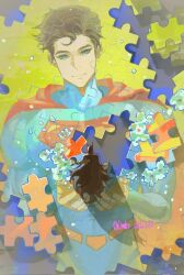  2boys arms_up batman batman_(series) belt black_cape black_hair blue_bodysuit blue_eyes bodysuit cape closed_mouth cowl dc_comics flower from_above highres limbo648882 long_sleeves male_focus multiple_boys puzzle_piece red_cape smile superman superman_(series) superman_logo twitter_username wavy_hair white_flower yellow_belt 