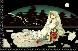  1girl absurdres barefoot bouquet bridal_veil brown_eyes brown_hair chaojufei commentary_request dress feet flower full_moon highres lightning long_hair moon original red_flower red_rose rose solo toes veil wedding_dress 