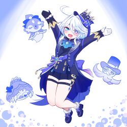  1girl absurdres arms_up ascot blue_eyes blue_hair blue_hat blue_jacket blue_shirt blue_shoes blue_shorts blush breasts brooch commentary_request crab fish full_body furina_(genshin_impact) genshin_impact gentilhomme_usher gloves hat highres jacket jewelry long_sleeves looking_at_viewer mademoiselle_crabaletta mcpc_zamurai multicolored_hair octopus open_clothes open_jacket open_mouth sash seahorse shirt shoes short_hair short_shorts shorts small_breasts smile streaked_hair surintendante_chevalmarin thigh_strap top_hat white_hair 