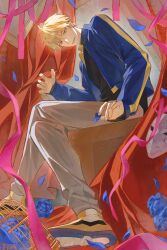  1boy absurdres ahoge birdcage black_shirt blonde_hair blue_flower blue_jacket blue_petals blue_rose cage commentary_request crossed_legs curtains dou_lwer falling_petals flower from_below grey_pants hair_between_eyes highres holding holding_petal indoors jacket korean_commentary long_sleeves looking_at_viewer male_focus open_clothes open_jacket open_mouth pants petals pink_ribbon ribbon rose rose_petals shiguang_dailiren shirt shoes short_hair sitting sleeves_past_wrists smile sneakers solo turtleneck xia_fei yellow_eyes yellow_shoes 