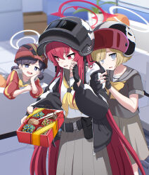 3girls absurdres altyn_helmet averting_eyes black_gloves black_hair black_helmet black_jacket blonde_hair blue_archive blue_eyes bow box box_of_chocolates brown_skirt combat_helmet commentary_request commission couch double_bun english_commentary fingerless_gloves gift gloves grabbing_another's_shoulder grey_sailor_collar grey_serafuku hair_bun halo hand_up head_rest helmet helmet_gangster_(blue_archive) highres holding holding_gift hood hooded_jacket incoming_gift indoors jacket kokolokokomika light_blush long_hair long_skirt long_sleeves looking_at_viewer mixed-language_commentary multiple_girls neckerchief open_mouth rabu_(blue_archive) red_eyes red_hair red_halo red_helmet sailor_collar school_uniform serafuku sharp_teeth short_hair short_sleeves sideways_glance skeb_commission skirt small_sweatdrop teeth valentine very_long_hair white_serafuku yellow_bow yellow_neckerchief 