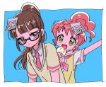  2girls :d arm_up baozi black-framed_eyewear blue_background blunt_bangs border brown_eyes brown_hair closed_mouth collared_shirt commentary cropped_torso food glasses happy_birthday holding holding_food long_hair looking_at_viewer minami_mirei multiple_girls neckerchief necktie open_mouth outstretched_arm paper_on_head paprika_private_academy_school_uniform pink_neckerchief pink_necktie ponytail pretty_(series) pripara pun redhead rituyama1 sailor_collar school_uniform semi-rimless_eyewear shiratama_mikan shirt short_sleeves smile symbol-only_commentary upper_body vest white_border white_sailor_collar white_shirt yellow_eyes yellow_vest 