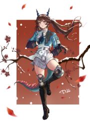  1girl absurdres arknights arknights:_endfield arm_behind_back armor black_boots blue_eyes blue_gloves blue_horns blue_tail boots branch brown_hair character_name chen_qianyu_(arknights) clothes_writing commentary dilili endfield_industries_logo gloves grey_skirt hand_up highres horns knee_pads layered_sleeves leg_up long_hair long_sleeves looking_at_viewer mirrored_text parted_lips pleated_skirt short_over_long_sleeves short_sleeves skirt solo tail thigh_boots wind 
