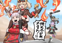  4girls :d absurdres anger_vein animal_ears ankle_grab armband baseball_bat black_helmet black_tube_top blank_eyes blonde_hair blunt_bangs boots bow bowtie brown_hat burnice_white carrying carrying_person chasing combat_helmet commentary_request commission cropped_jacket crossover dress ear_bow ear_covers emphasis_lines eyewear_on_head fire flamethrower floating_hair frilled_sleeves frills gloom_(expression) gloves gold_ship_(red_strife)_(umamusume) gold_ship_(umamusume) green_bow green_bowtie grey_hair hair_between_eyes half_gloves hat helmet highres holding holding_baseball_bat holding_flamethrower holding_weapon horse_ears horse_girl horse_tail jacket long_hair long_sleeves looking_ahead looking_at_another luciana_de_montefio mask mask_around_neck mejiro_mcqueen_(frontline_elegance)_(umamusume) mejiro_mcqueen_(umamusume) metal_baseball_bat midriff motion_blur multiple_girls open_clothes open_jacket open_mouth pickelhaube pillbox_hat pink_eyes propane_tank purple_hair red-tinted_eyewear respirator running shoulder_carry shouting side_ponytail sidelocks skeb_commission smile socks spiked_bat spiked_belt spiked_jacket spikes strapless sunglasses tail tinted_eyewear translation_request tube_top two_side_up umamusume v-shaped_eyebrows very_long_hair violet_eyes washin weapon zenless_zone_zero 