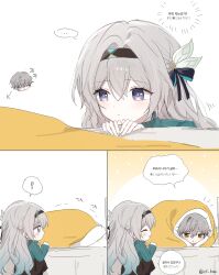  1boy 1girl ? aqua_sweater blue_pupils blue_ribbon blush brown_hairband caelus_(honkai:_star_rail) firefly_(honkai:_star_rail) gradient_eyes grey_hair hair_between_eyes hair_intakes hair_ornament hair_ribbon hairband highres honkai:_star_rail honkai_(series) hsr_shiro korean_text long_hair multicolored_eyes ribbon speech_bubble sweater trailblazer_(honkai:_star_rail) twitter_username under_covers zzz 