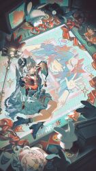  1girl absurdres cellphone commentary crt dual_persona flare_gun highres honkai:_star_rail honkai_(series) japanese_clothes kana_(knmoca) kimono phone red_kimono selfie sparkle_(doll)_(honkai:_star_rail) sparkle_(honkai:_star_rail) sparxie_(honkai:_star_rail) stream twintails v white_hair 