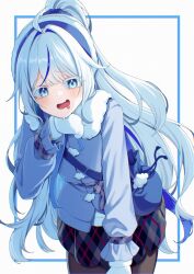  1girl absurdres ahoge aokumo_rin black_pantyhose black_skirt blue_background blue_eyes blue_hair blue_jacket blue_scrunchie blue_streaks blush checkered_clothes checkered_skirt commentary cowboy_shot diagonal-striped_clothes diagonal-striped_skirt drooling fur-trimmed_jacket fur_trim gloves hand_up highres jacket jinggun leaning_forward long_hair long_sleeves looking_at_viewer mouth_drool multicolored_hair multicolored_skirt open_mouth pantyhose purple_skirt red_skirt scrunchie simple_background skirt solo stellive striped_clothes striped_skirt two-tone_hair untranslatable_commentary virtual_youtuber white_background white_gloves white_hair 