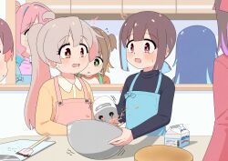  6+girls :o ^^^ absurdres apron black_hair black_shirt blue_apron blue_hair blush bowl brown_eyes brown_hair chocolate_making commentary cutting_board diamond-shaped_pupils diamond_(shape) drink_carton flying_sweatdrops green_eyes grey_hair happyundergate highres holding holding_bowl hozuki_kaede hozuki_momiji indoors kitchen knife long_hair long_sleeves milk_carton mixed-language_commentary mixer_(cooking) multicolored_hair multiple_girls murosaki_miyo oka_asahi onii-chan_wa_oshimai! orange_hair out_of_frame oyama_mahiro oyama_mihari peanut_mouth pink_apron pink_hair ponytail purple_hair red_eyes red_hair red_shirt shirt short_hair short_ponytail spatula spilling symbol-shaped_pupils tenkawa_nayuta two-tone_hair two_side_up yellow_shirt 