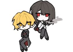  1boy 1girl arm_on_thigh black_coat black_hair black_pants black_shoes black_sleeves blunt_bangs blunt_ends chibi chibi_only cigarette circle_hands closed_mouth coat coat_on_shoulders crossed_bangs crossed_legs dress_shirt full_body hair_between_eyes hand_up lapels limbus_company long_sleeves looking_at_another ma_ri00 medium_hair pants project_moon red_coat red_eyes red_trim ryoshu_(project_moon) shirt shoes sideways_glance sinclair_(project_moon) smoke smoking swept_bangs two-sided_coat two-sided_fabric undershirt white_background white_shirt white_sleeves yellow_eyes 
